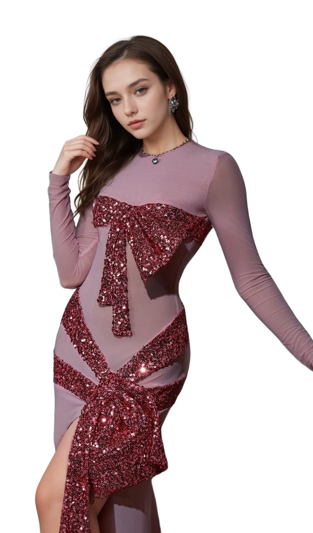 arlene Zachary Long Sleeve Bow Sequin Dress Gloria Lanvin