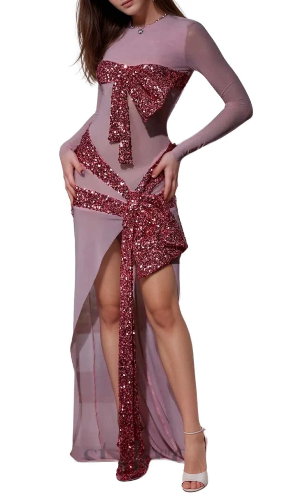 arlene Zachary Long Sleeve Bow Sequin Dress Gloria Lanvin