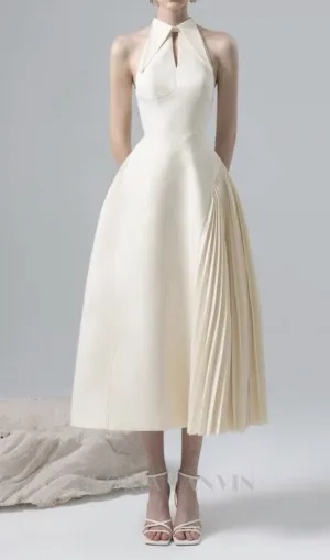 ASHLEY A-LINE PLEATED MIDI DRESS IN WHITE Gloria Lanvin