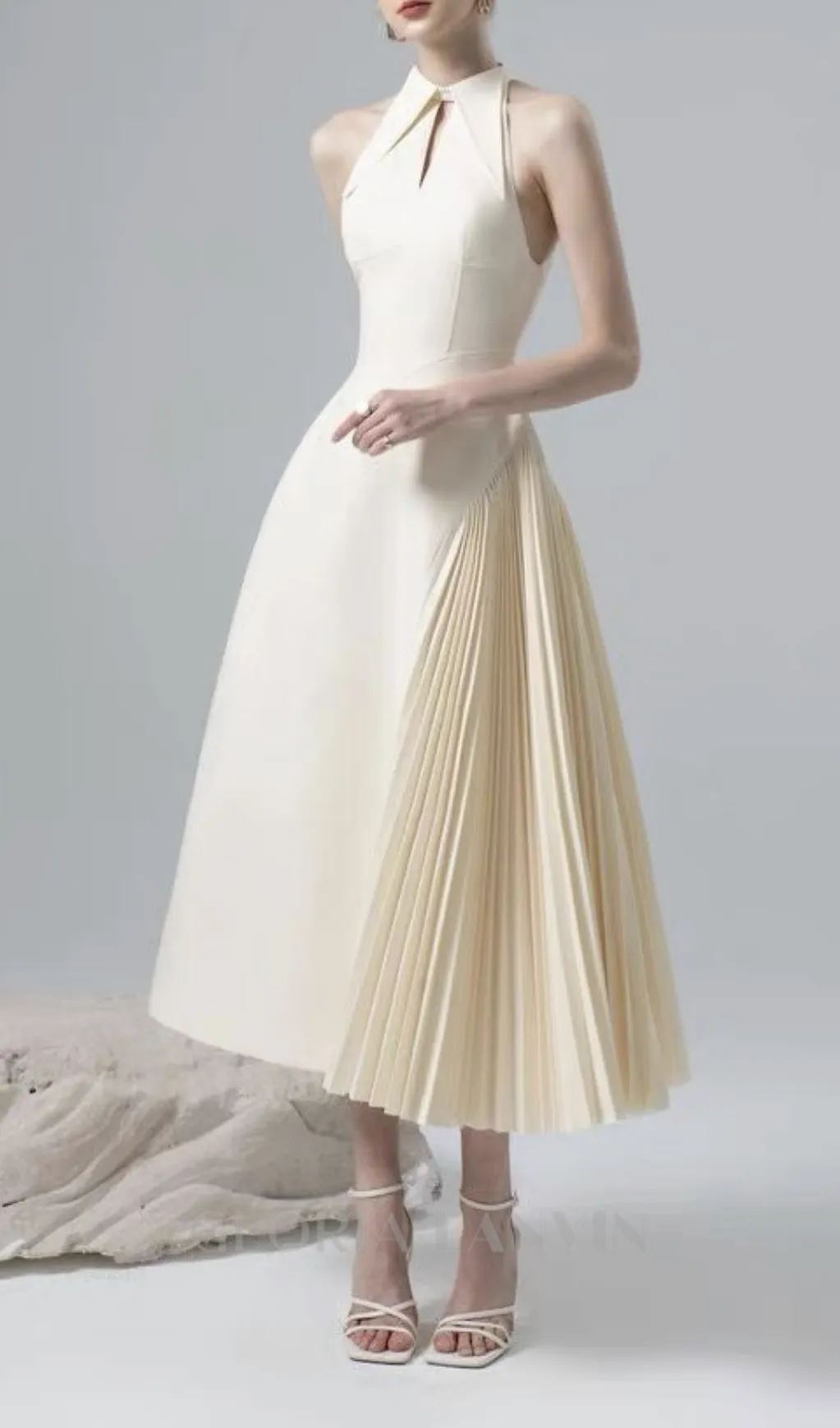 ASHLEY A-LINE PLEATED MIDI DRESS IN WHITE Gloria Lanvin