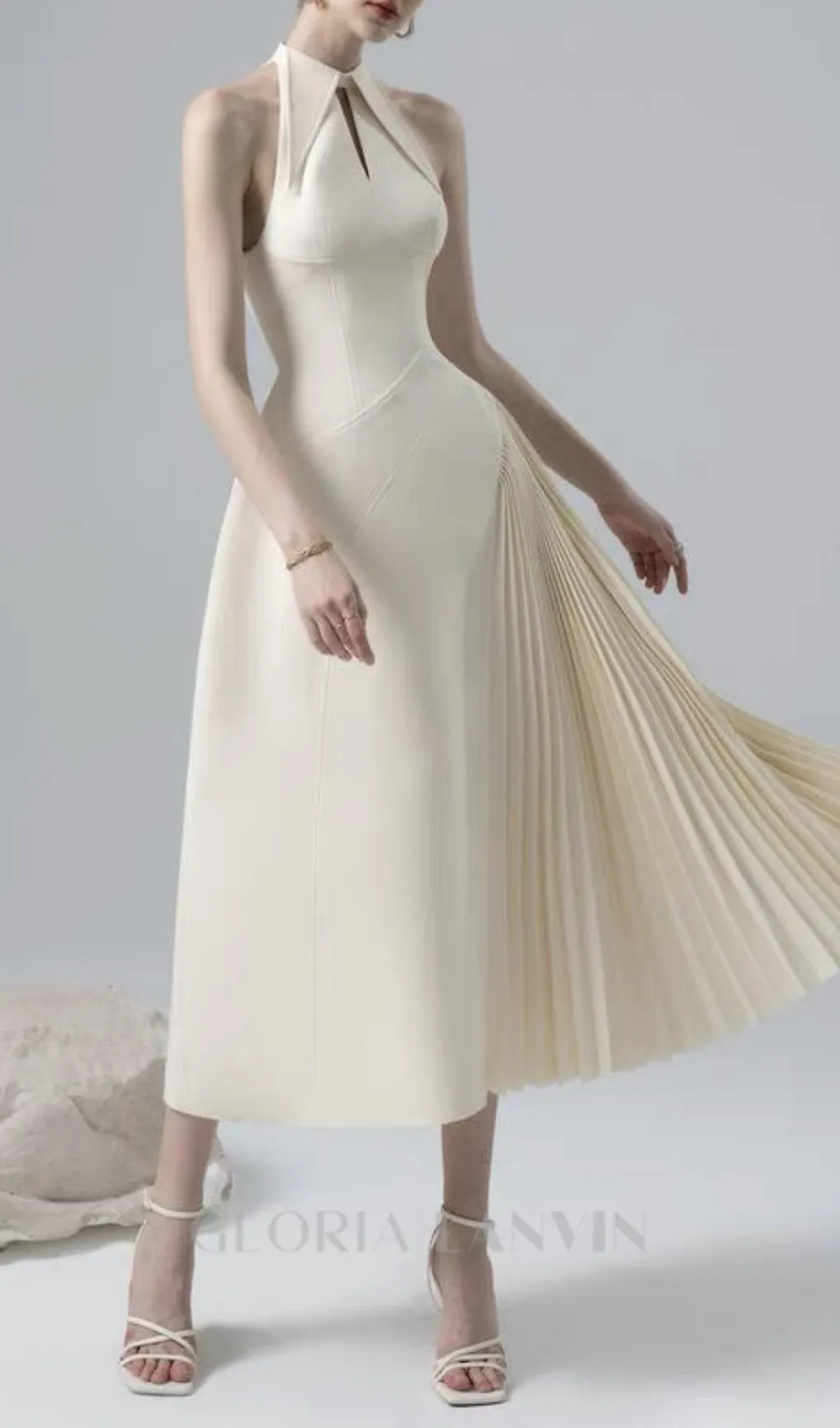 ASHLEY A-LINE PLEATED MIDI DRESS IN WHITE Gloria Lanvin