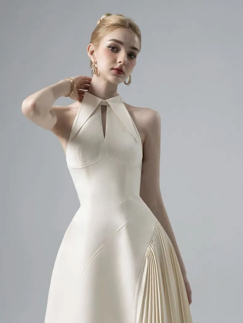 ASHLEY A-LINE PLEATED MIDI DRESS IN WHITE Gloria Lanvin