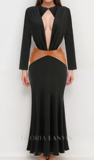 ASHLEY BLACK MAXI DRESS WITH OPEN BACK AND LEATHER PANE Gloria Lanvin