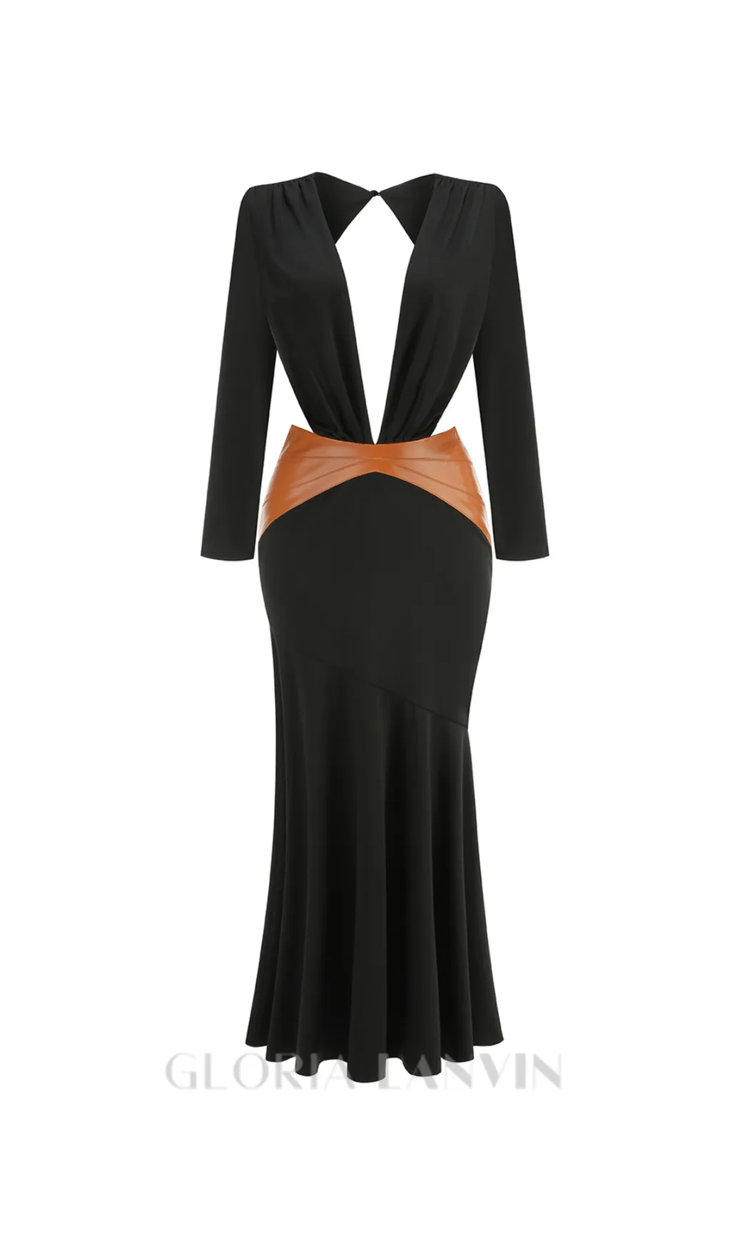 ASHLEY BLACK MAXI DRESS WITH OPEN BACK AND LEATHER PANE Gloria Lanvin