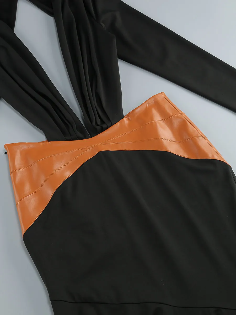 ASHLEY BLACK MAXI DRESS WITH OPEN BACK AND LEATHER PANE Gloria Lanvin