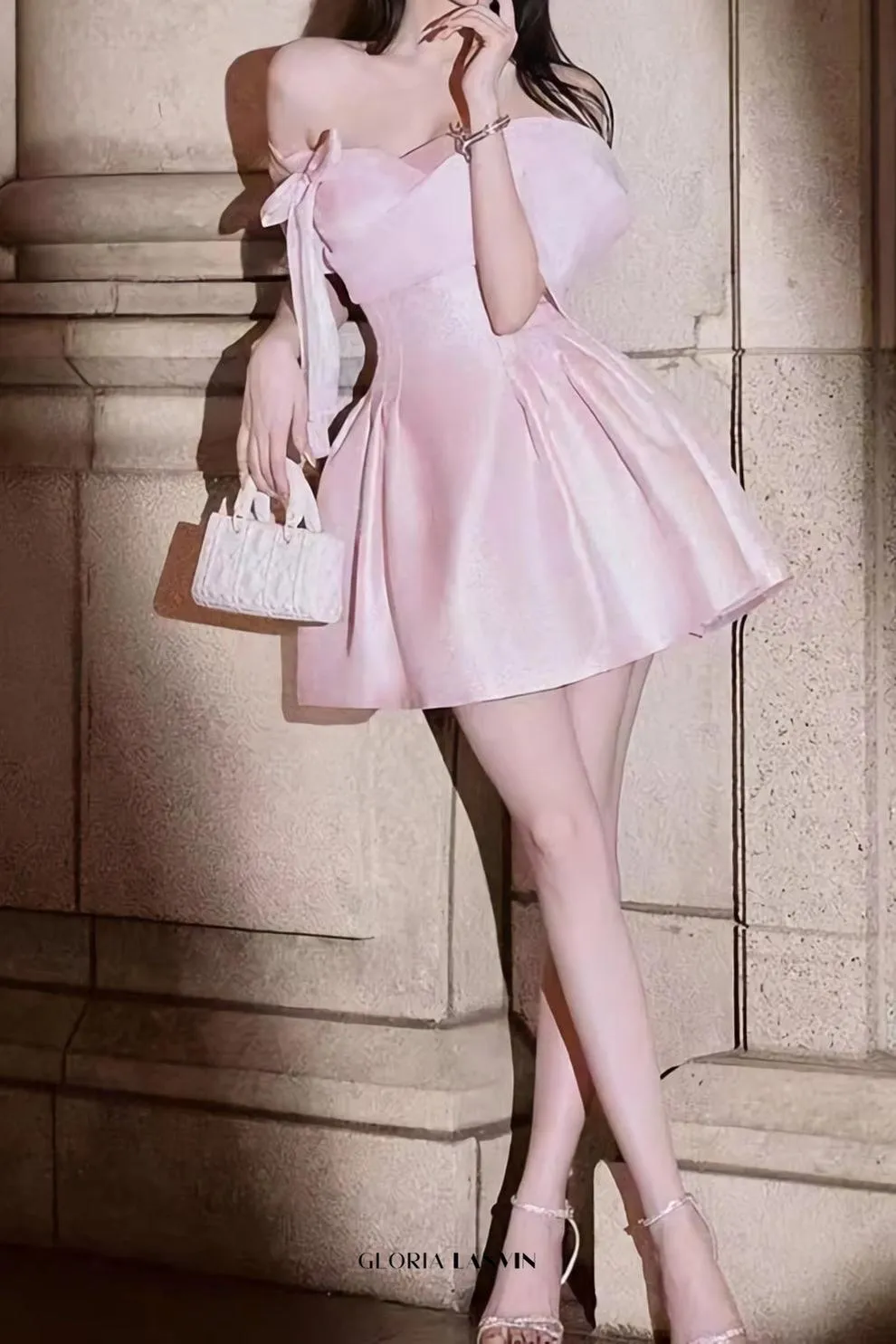 ashley bow strapless Puff mini dress in pink Gloria Lanvin
