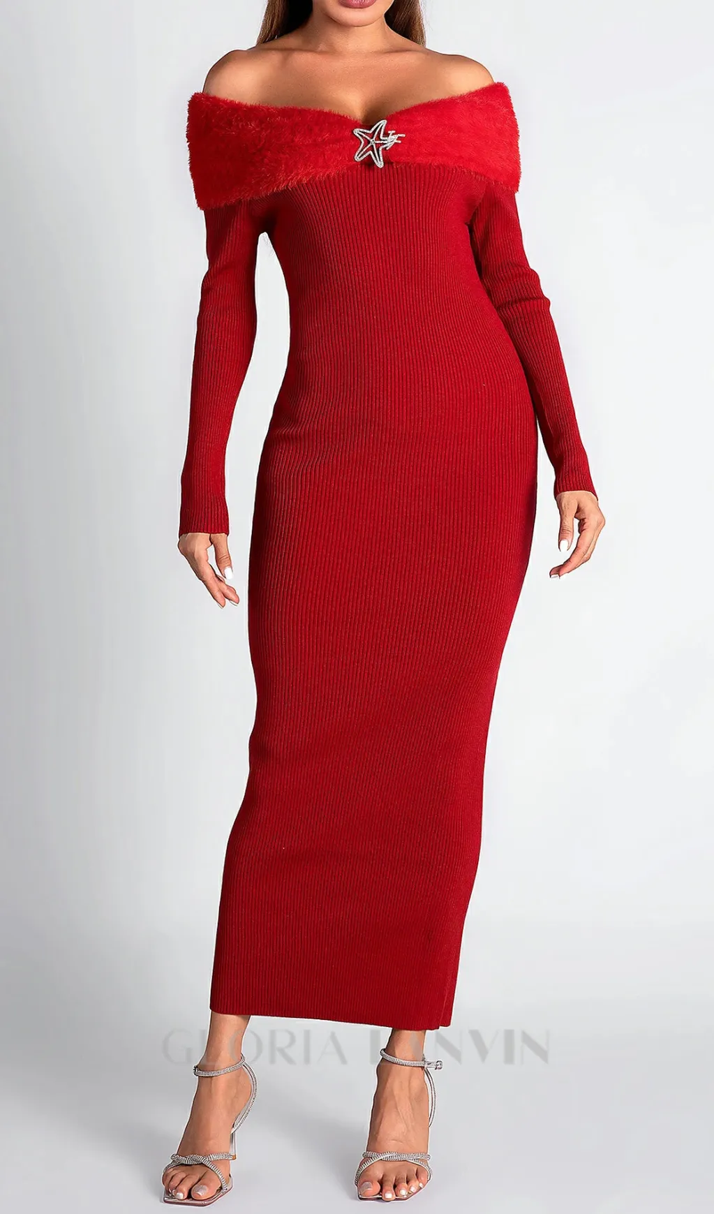 ASTRID OFF SHOULDER KNIT FUR MIDI DRESS IN RED Gloria Lanvin