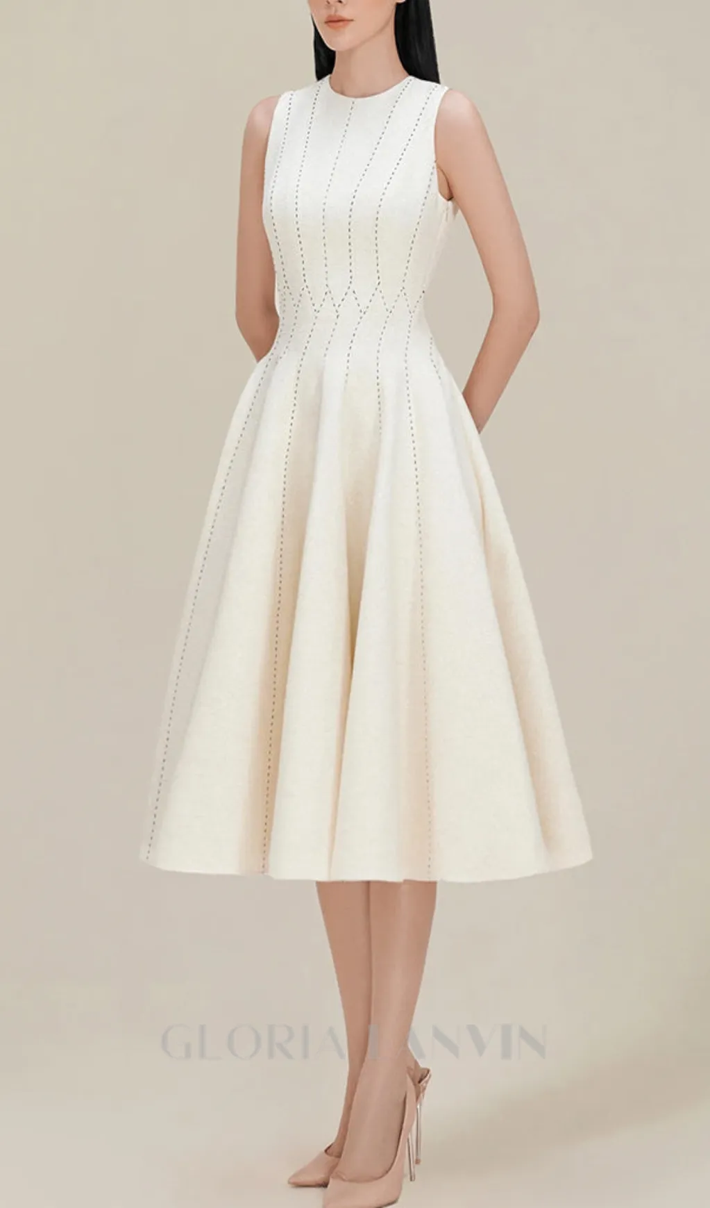 ASTRID SLEEVELESS PLEATED MIDI DRESS IN BEIGE Gloria Lanvin
