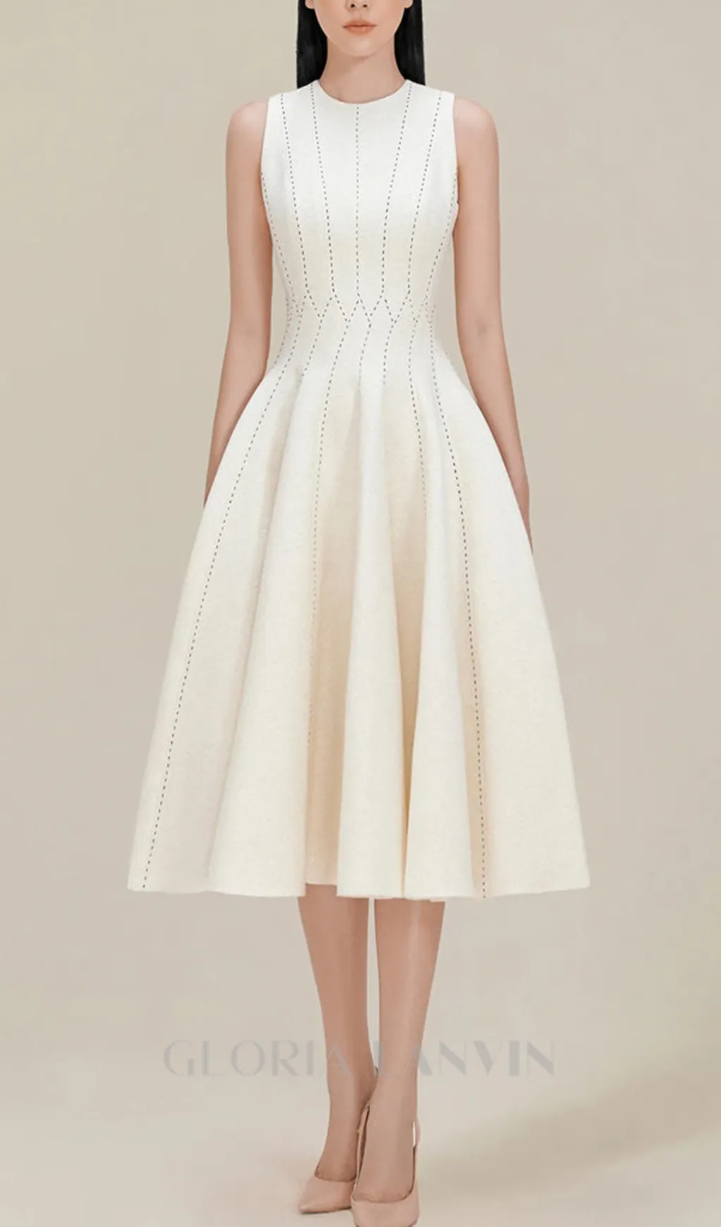 ASTRID SLEEVELESS PLEATED MIDI DRESS IN BEIGE Gloria Lanvin