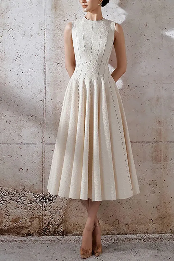 ASTRID SLEEVELESS PLEATED MIDI DRESS IN BEIGE Gloria Lanvin