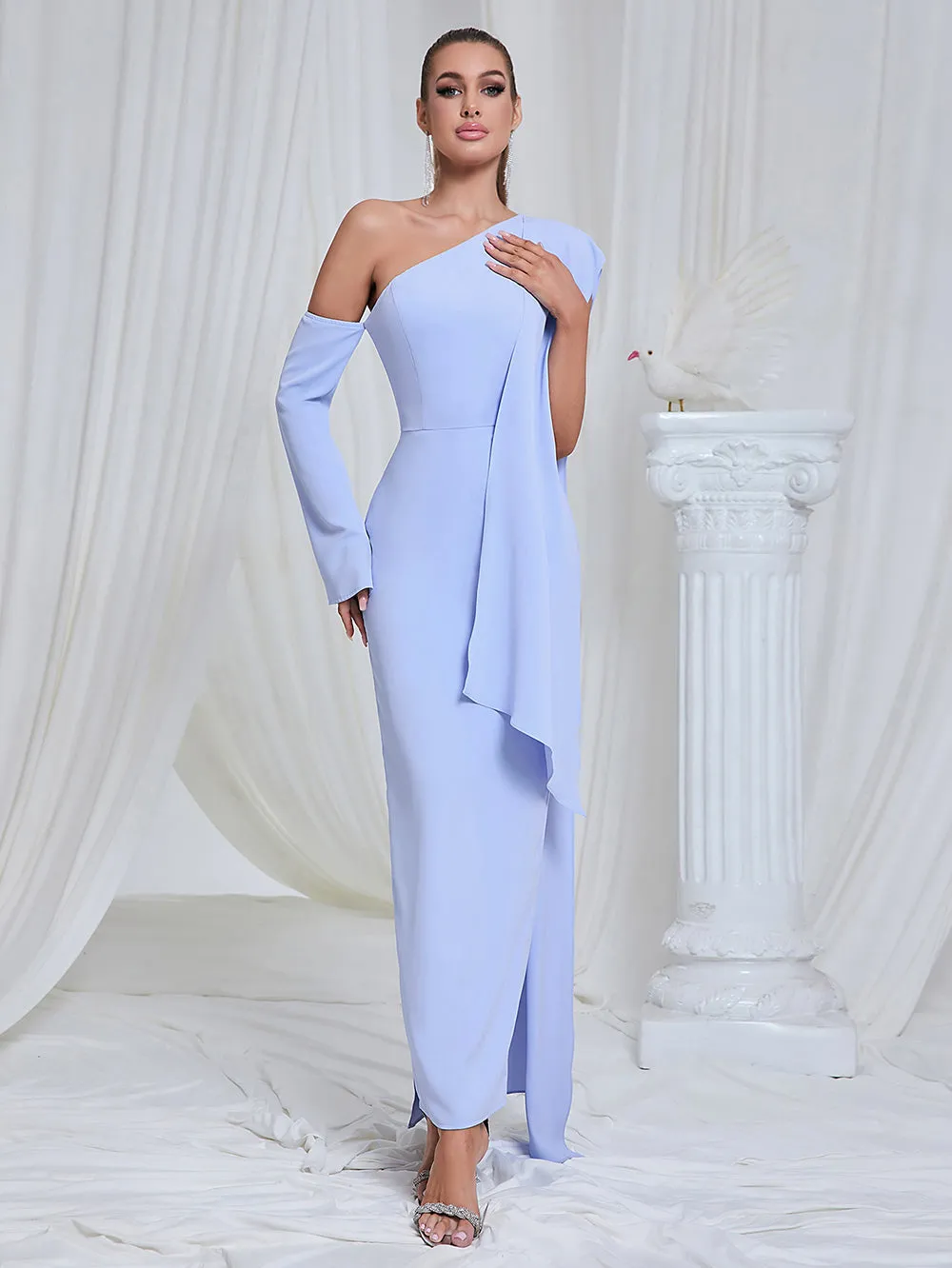 Asymmetric One Shoulder Drape maxi Dress in blue Gloria Lanvin