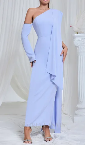 Asymmetric One Shoulder Drape maxi Dress in blue Gloria Lanvin