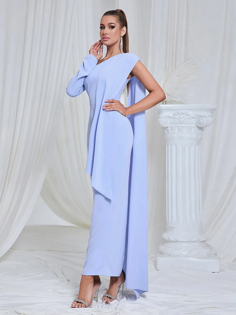 Asymmetric One Shoulder Drape maxi Dress in blue Gloria Lanvin