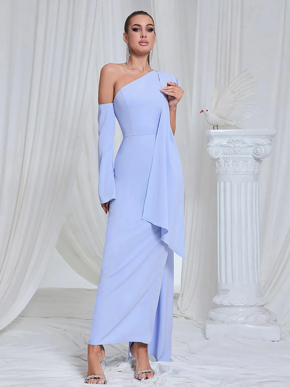 Asymmetric One Shoulder Drape maxi Dress in blue Gloria Lanvin