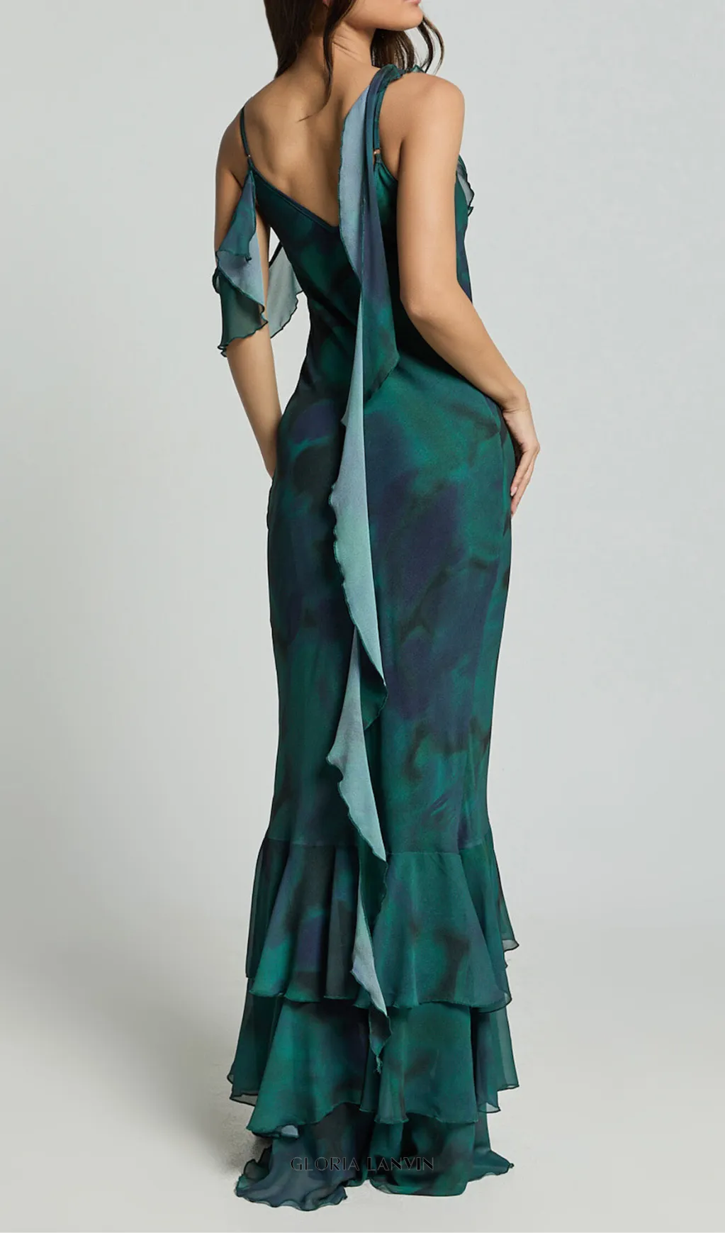 Asymmetric Ruffle Detail Maxi Dress in Moss Adeana Gloria Lanvin