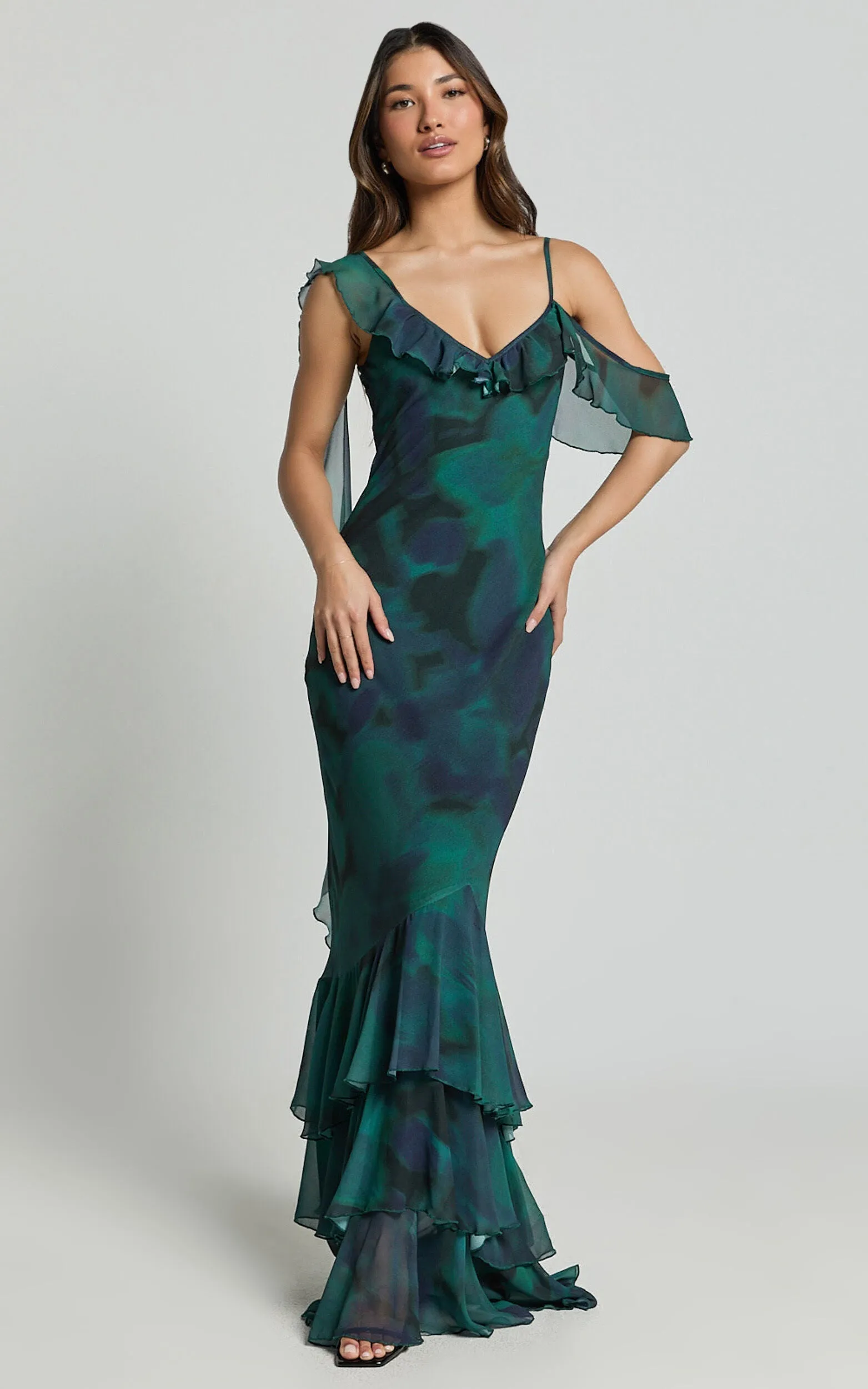 Asymmetric Ruffle Detail Maxi Dress in Moss Adeana Gloria Lanvin