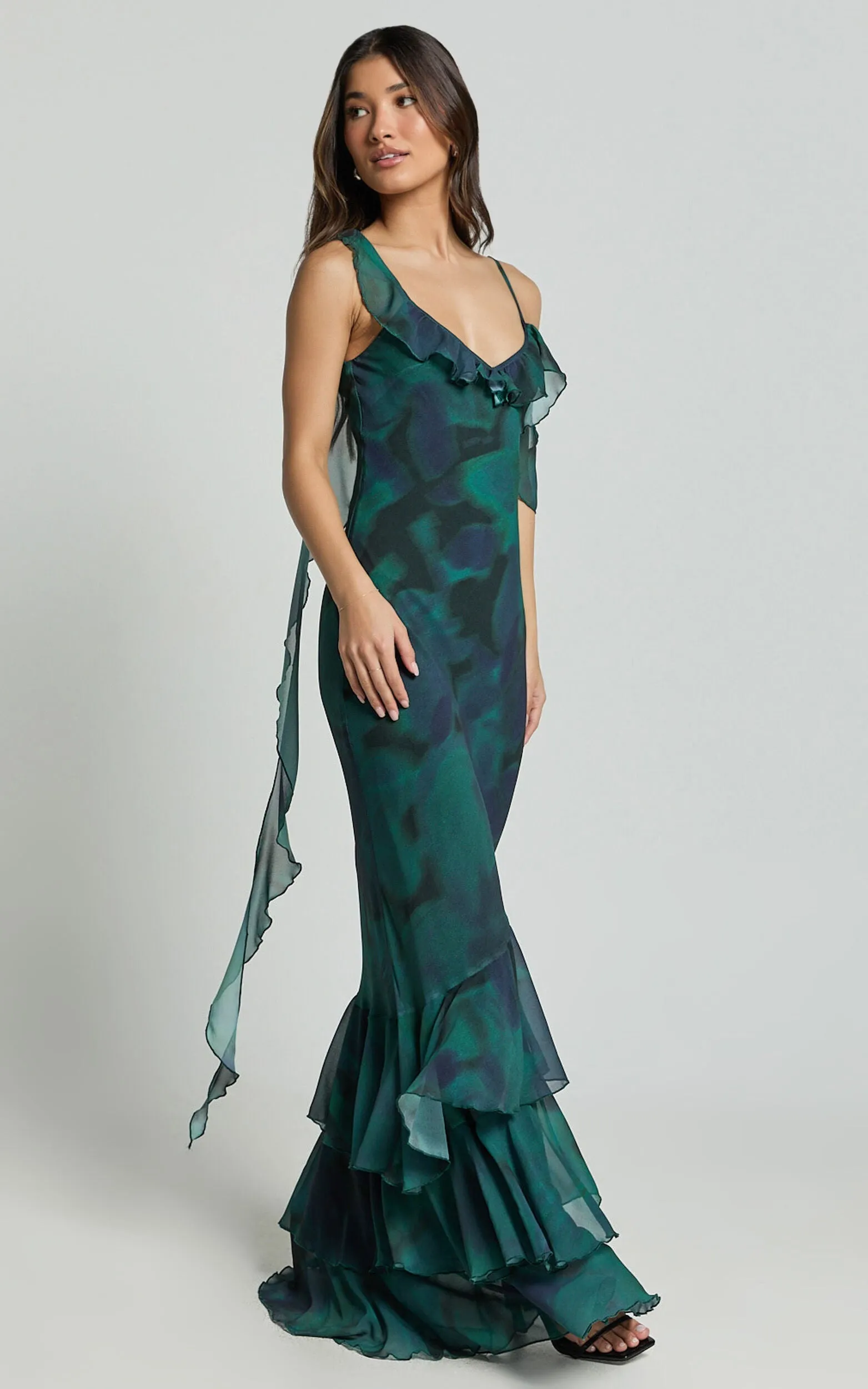 Asymmetric Ruffle Detail Maxi Dress in Moss Adeana Gloria Lanvin