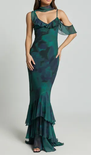 Asymmetric Ruffle Detail Maxi Dress in Moss Adeana Gloria Lanvin