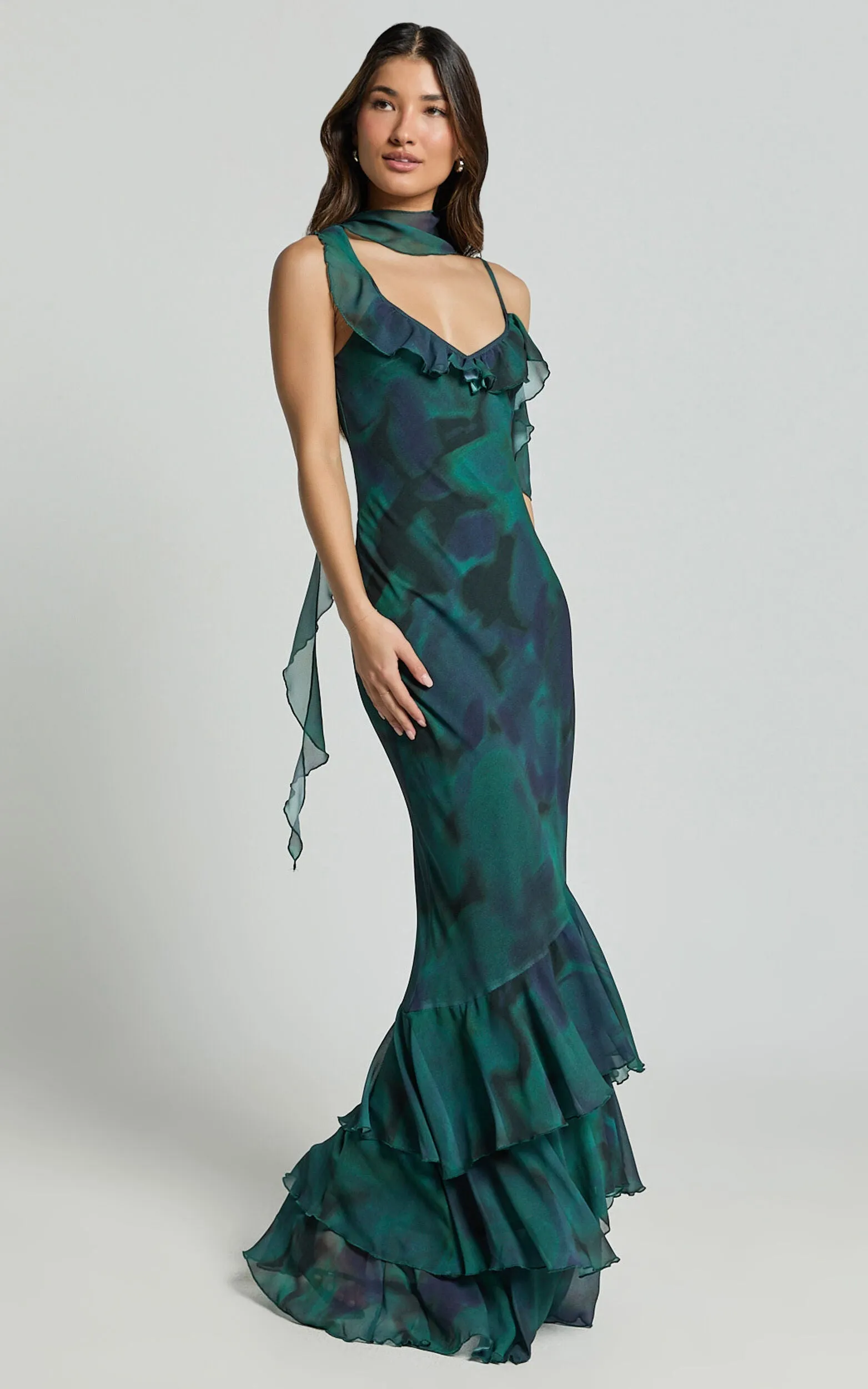 Asymmetric Ruffle Detail Maxi Dress in Moss Adeana Gloria Lanvin