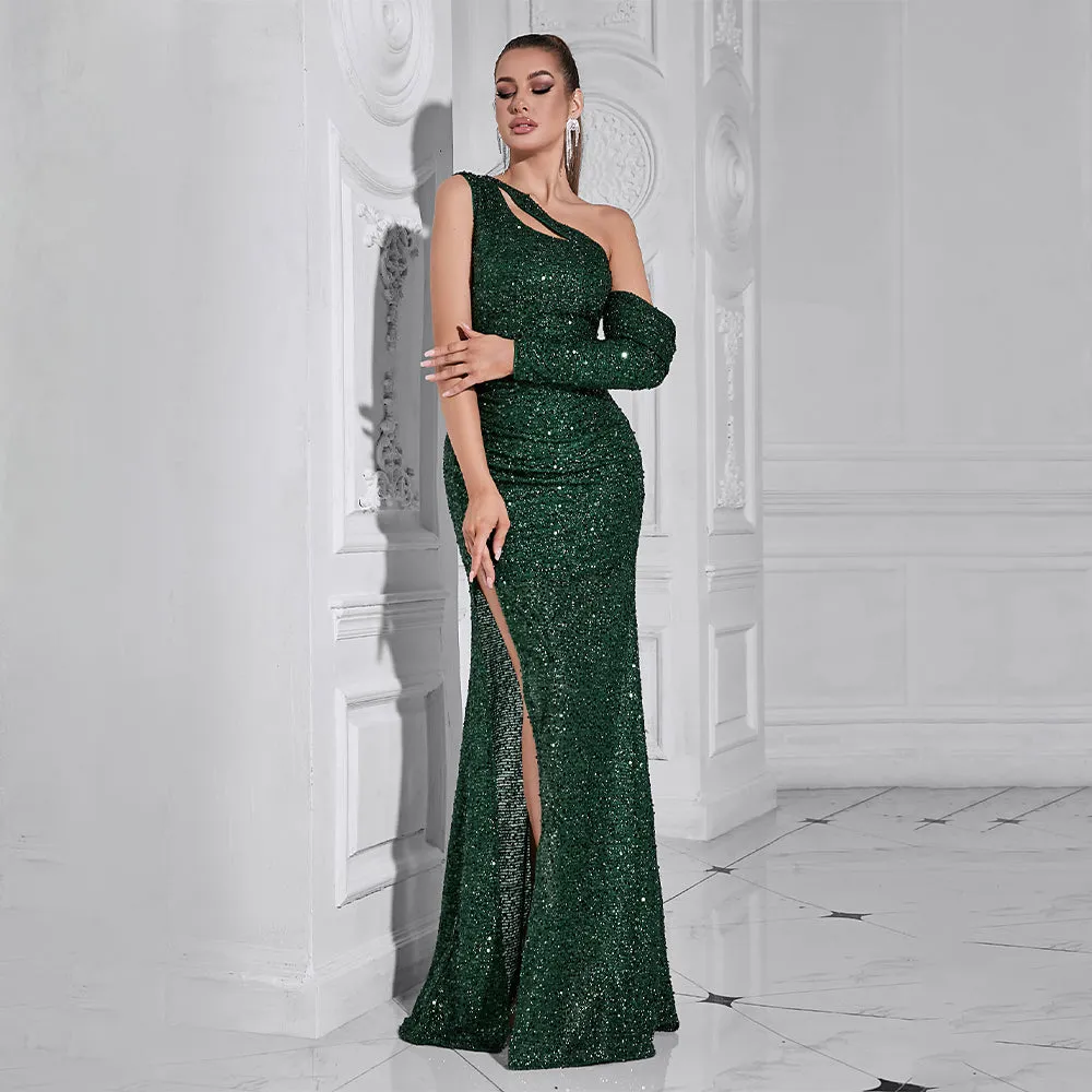 Asymmetric sequin cut out maxi dress in green Gloria Lanvin