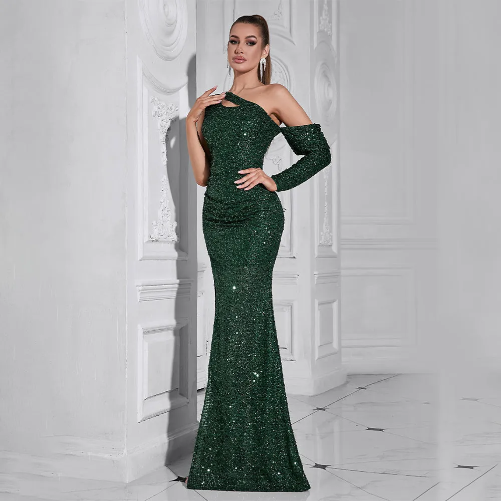 Asymmetric sequin cut out maxi dress in green Gloria Lanvin