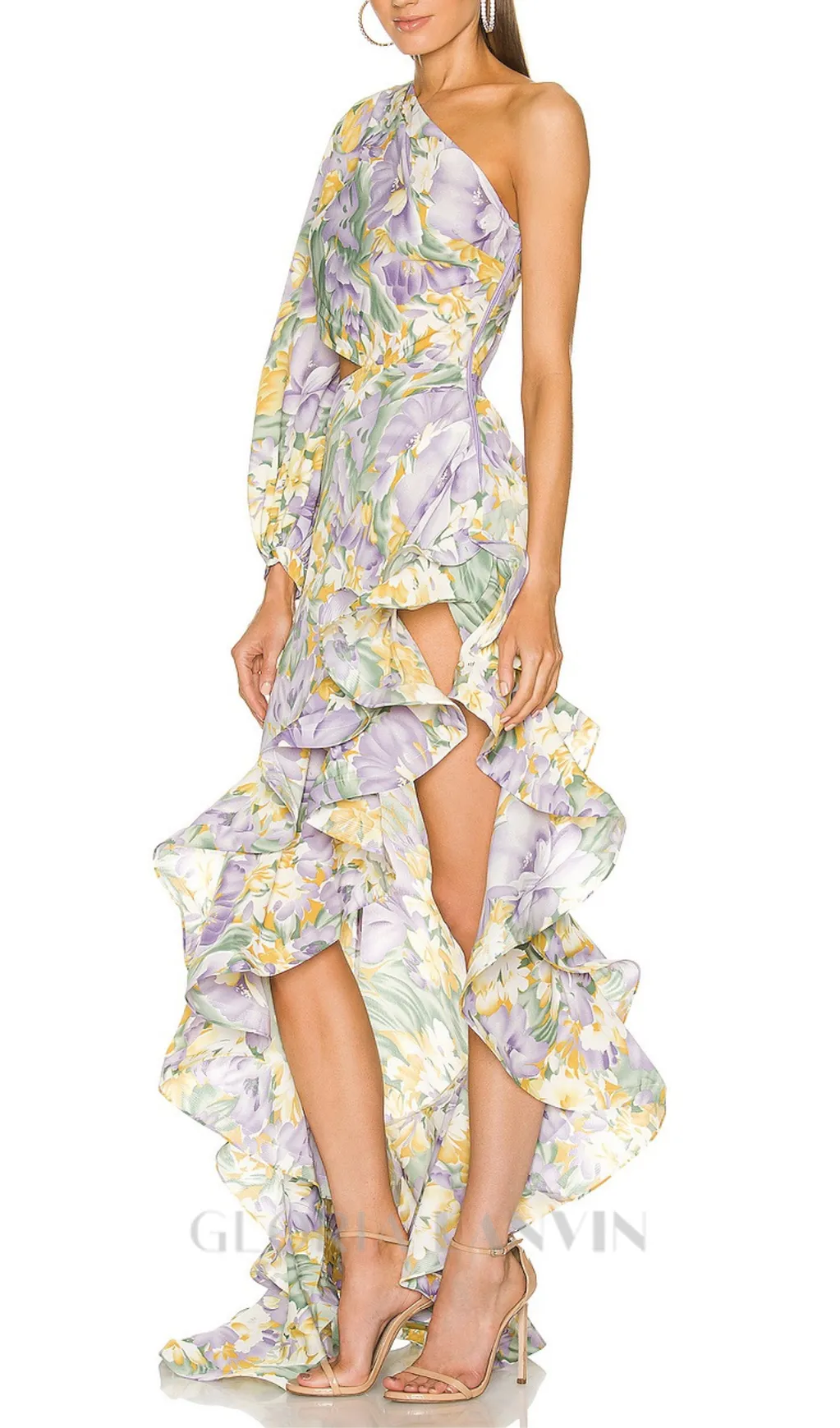 ASYMMETRICAL RUFFLED ONE SLEEVE MIDI DRESS Gloria Lanvin