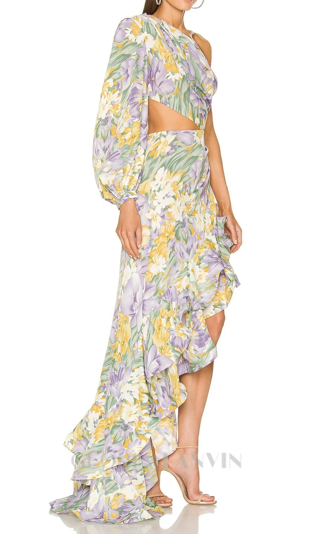 ASYMMETRICAL RUFFLED ONE SLEEVE MIDI DRESS Gloria Lanvin