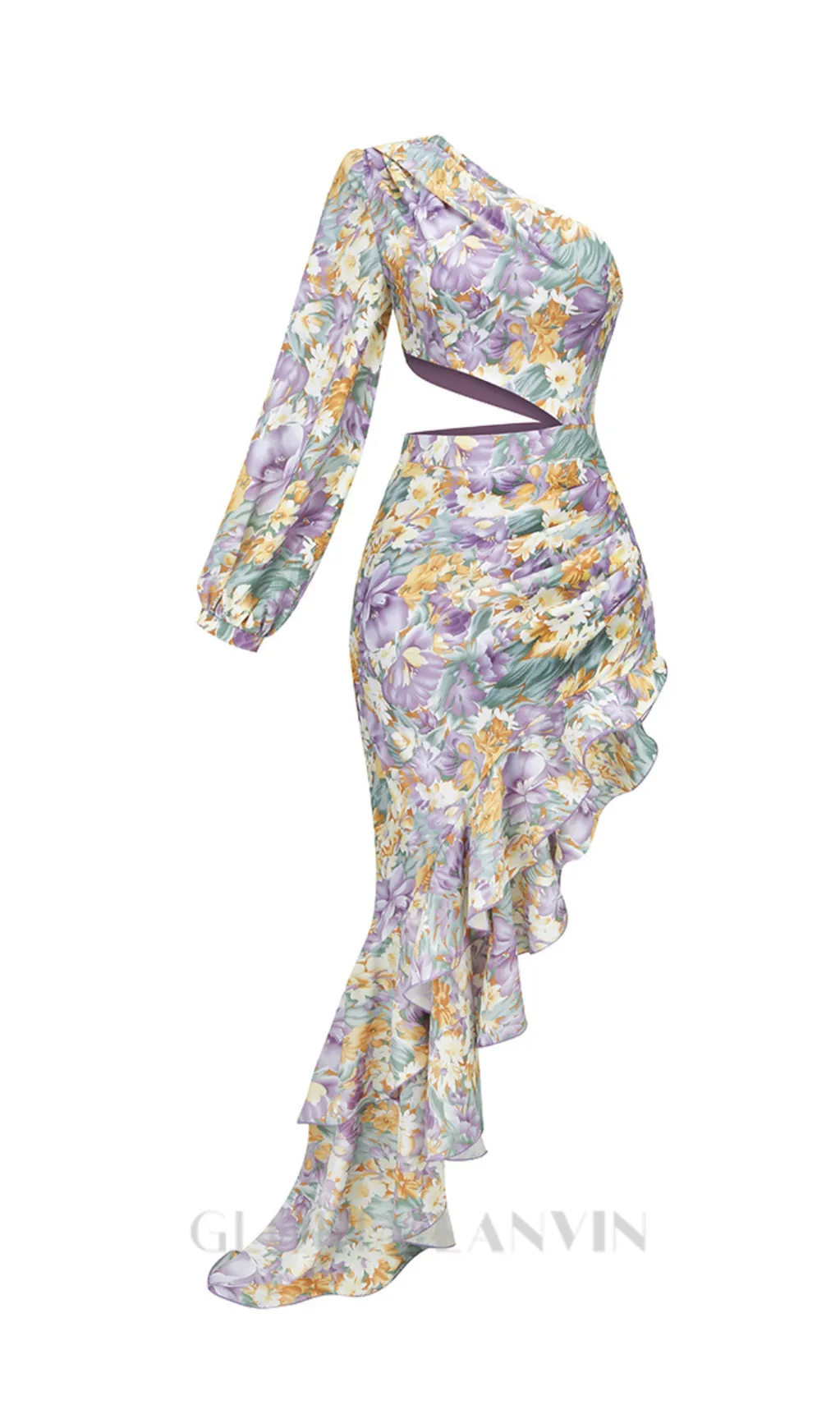 ASYMMETRICAL RUFFLED ONE SLEEVE MIDI DRESS Gloria Lanvin