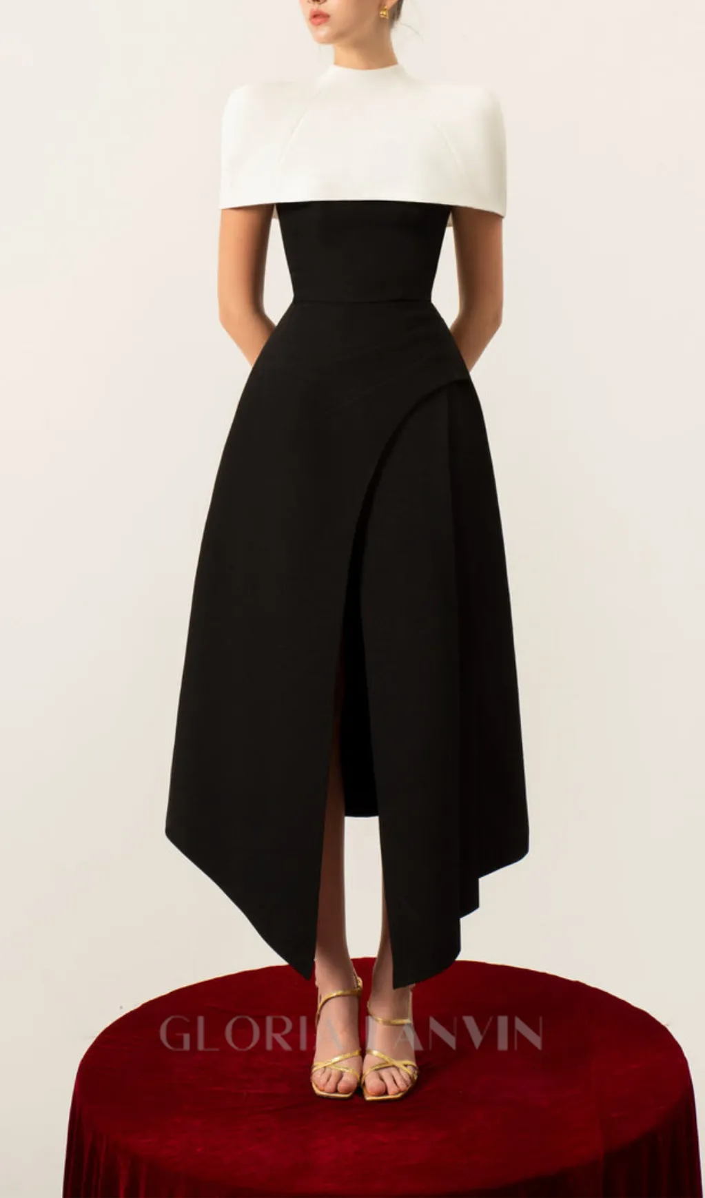 AUDREY SLIT CAPE MIDI DRESS IN BLACK Gloria Lanvin