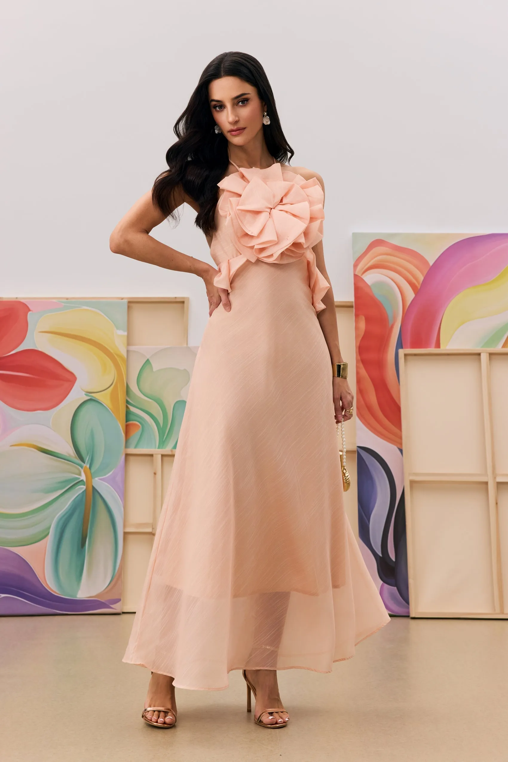 aurora Halter Neck Ruffle Maxi Dress in pink Gloria Lanvin