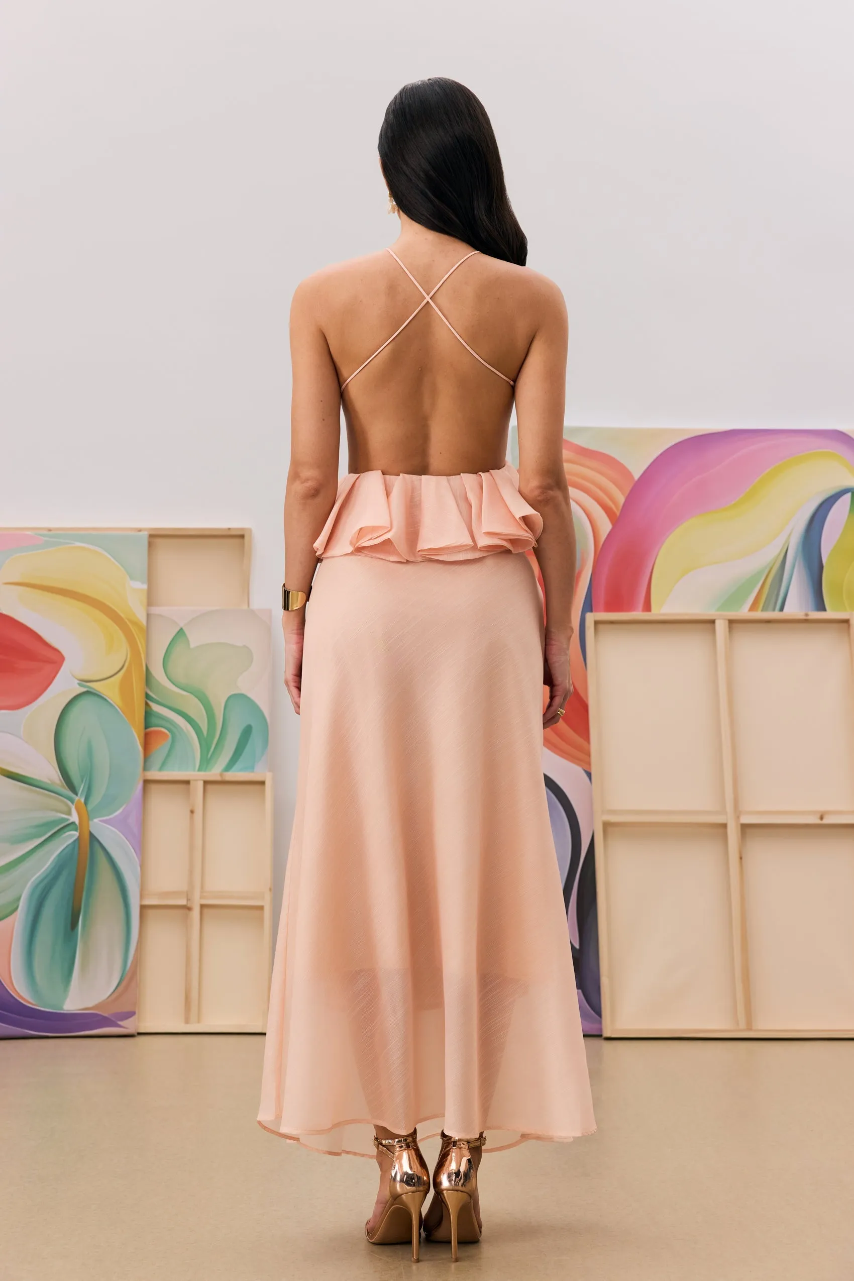 aurora Halter Neck Ruffle Maxi Dress in pink Gloria Lanvin