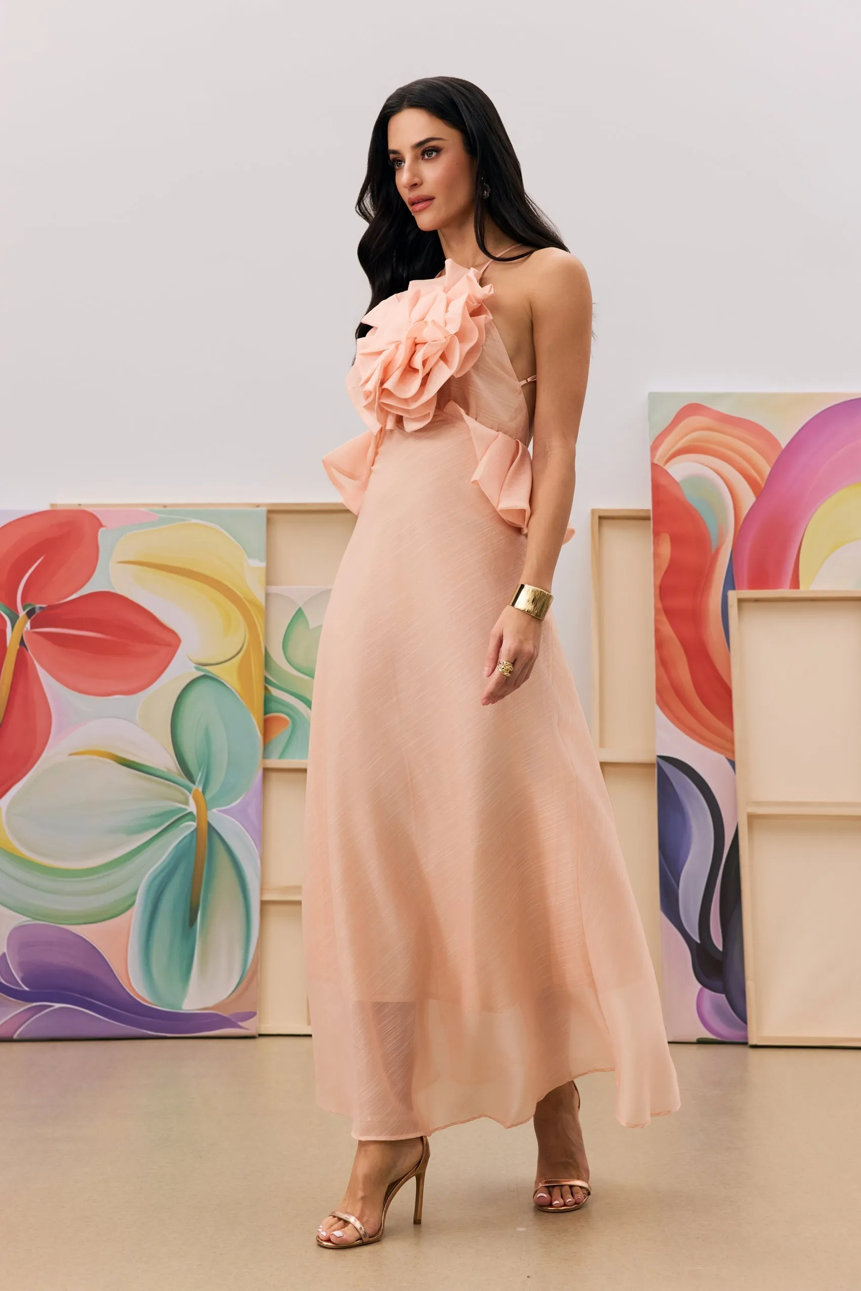 aurora Halter Neck Ruffle Maxi Dress in pink Gloria Lanvin