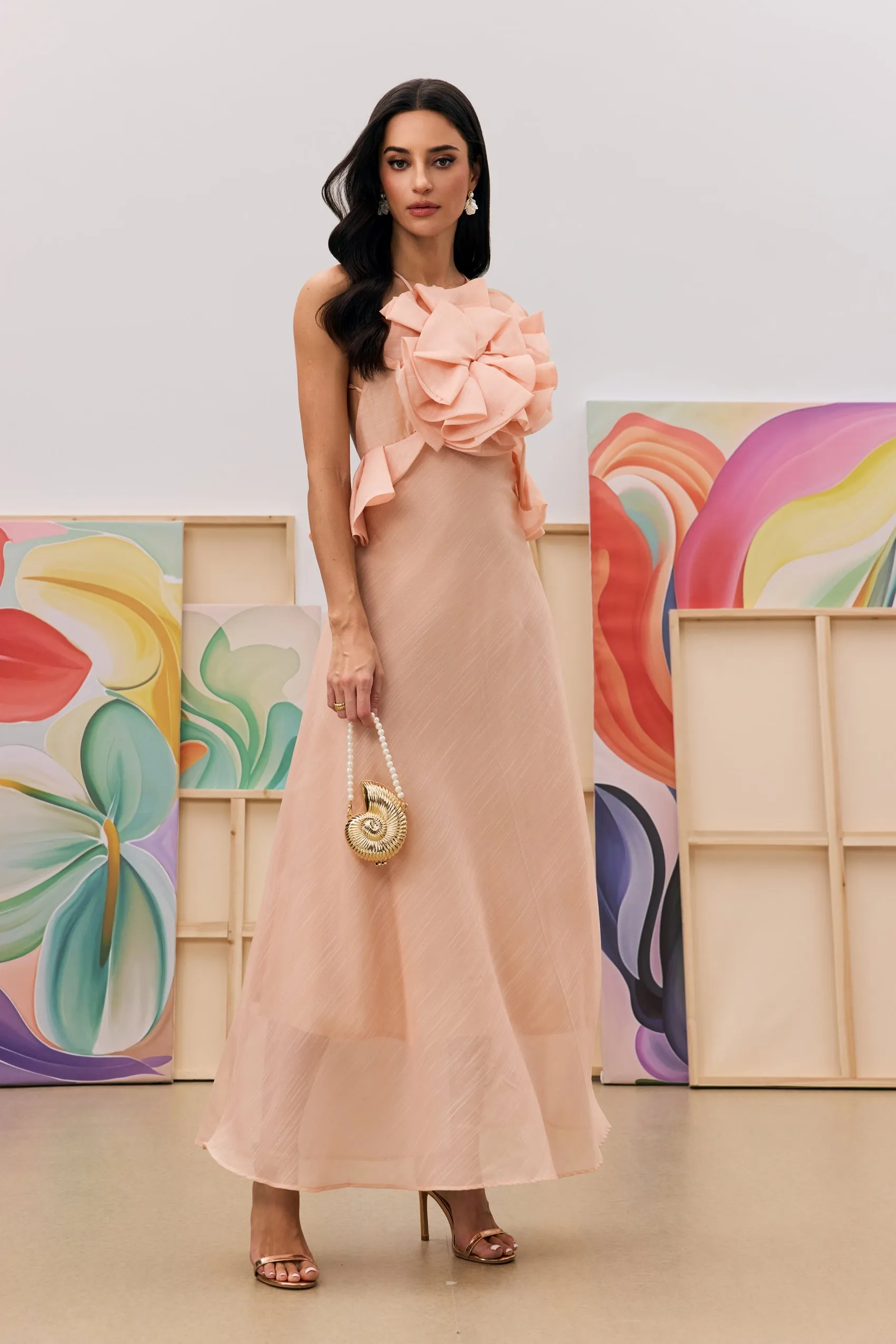 aurora Halter Neck Ruffle Maxi Dress in pink Gloria Lanvin