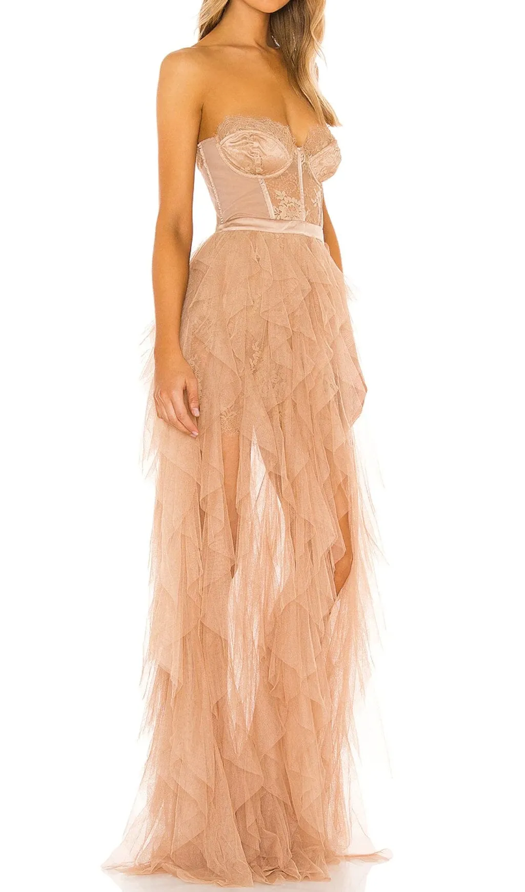 AVIS BEIGE LACE CORSET SLIM MIDI DRESS Gloria Lanvin
