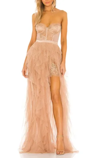 AVIS BEIGE LACE CORSET SLIM MIDI DRESS Gloria Lanvin
