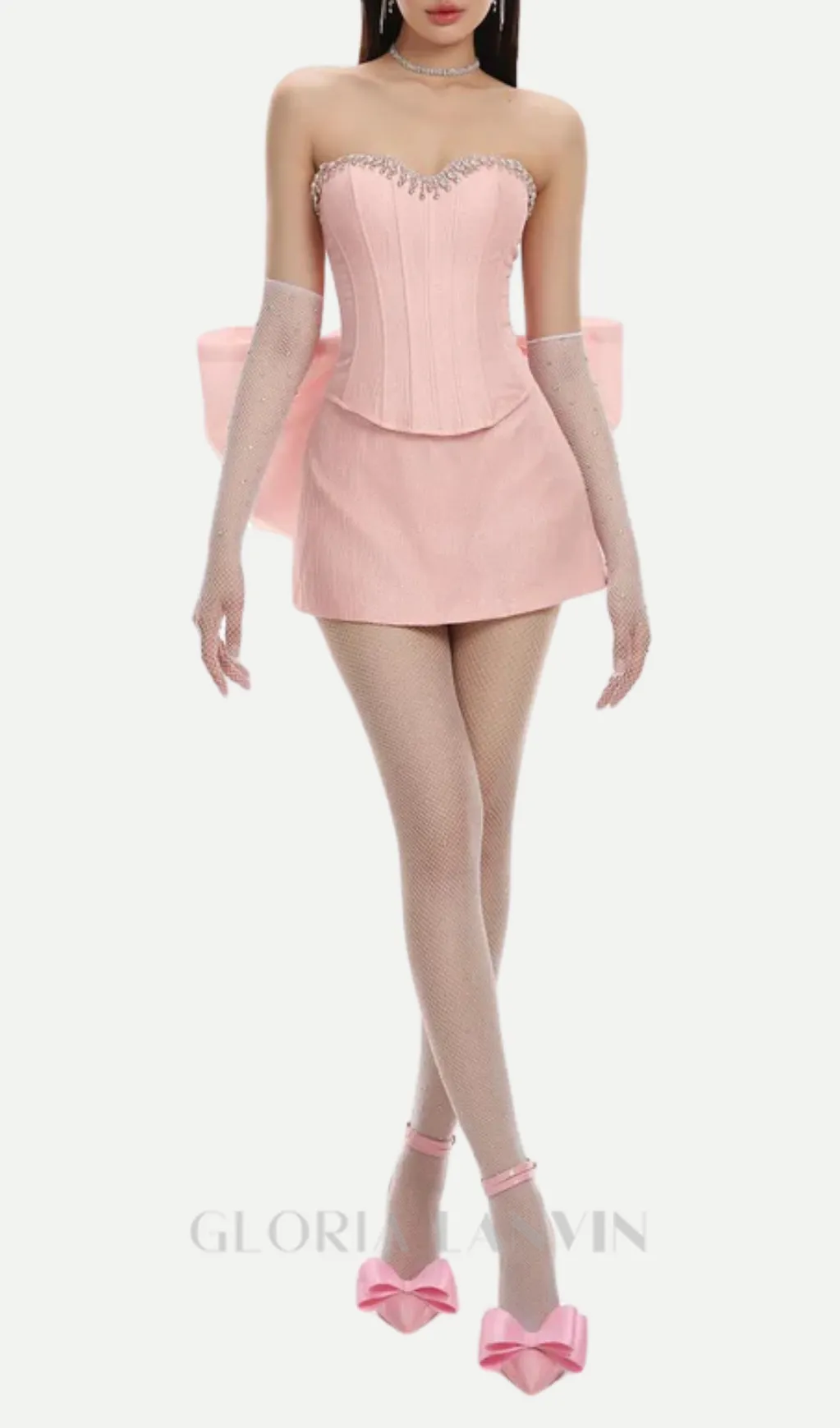 back bowknot embellished skirt suit in pink Gloria Lanvin