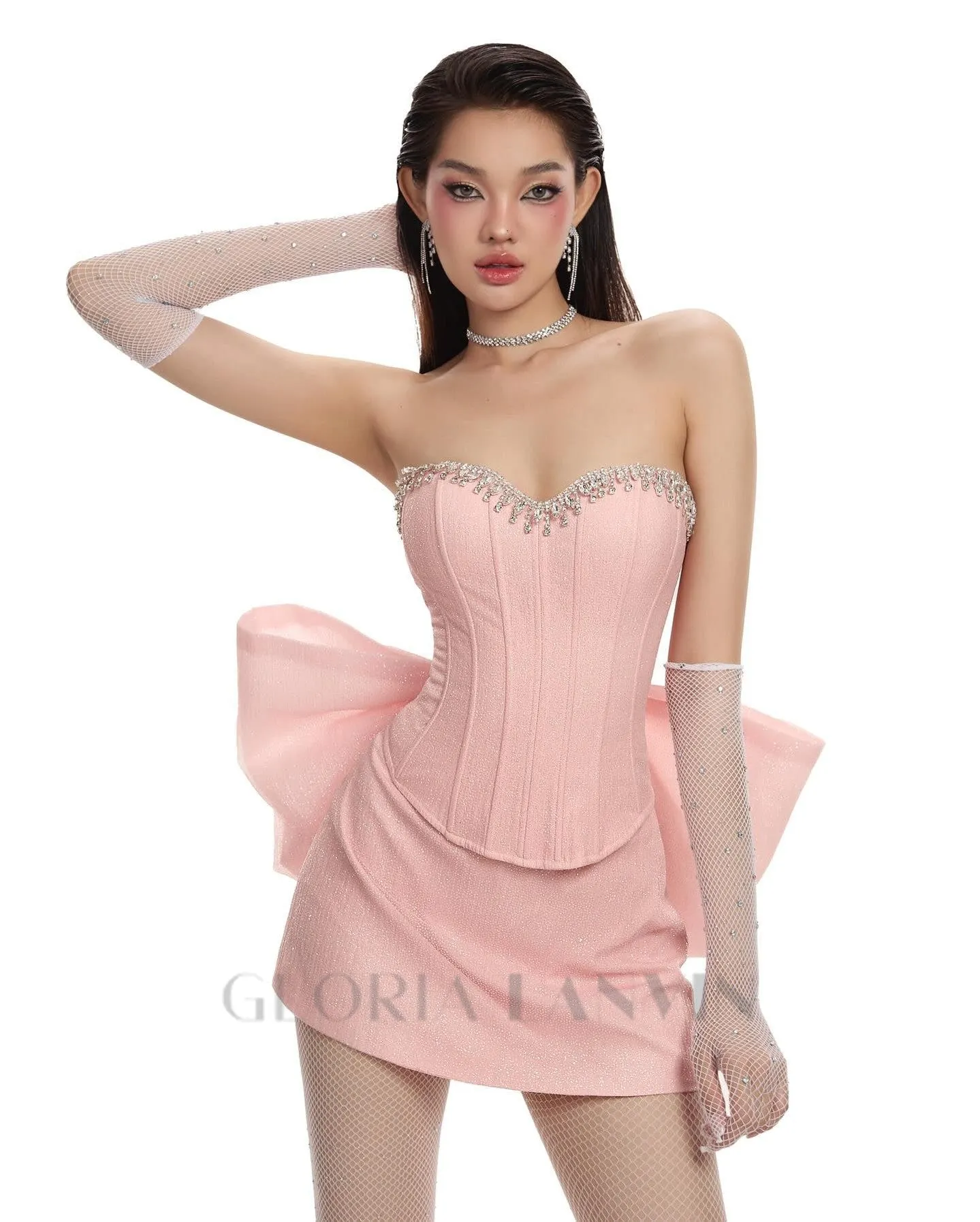 back bowknot embellished skirt suit in pink Gloria Lanvin