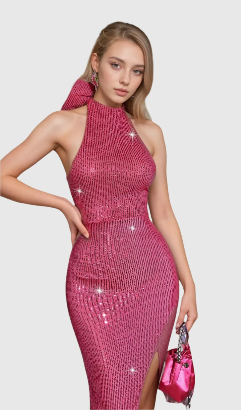 Backless Back Bow Sequin Maxi Dress In Hot Pink Gloria Lanvin