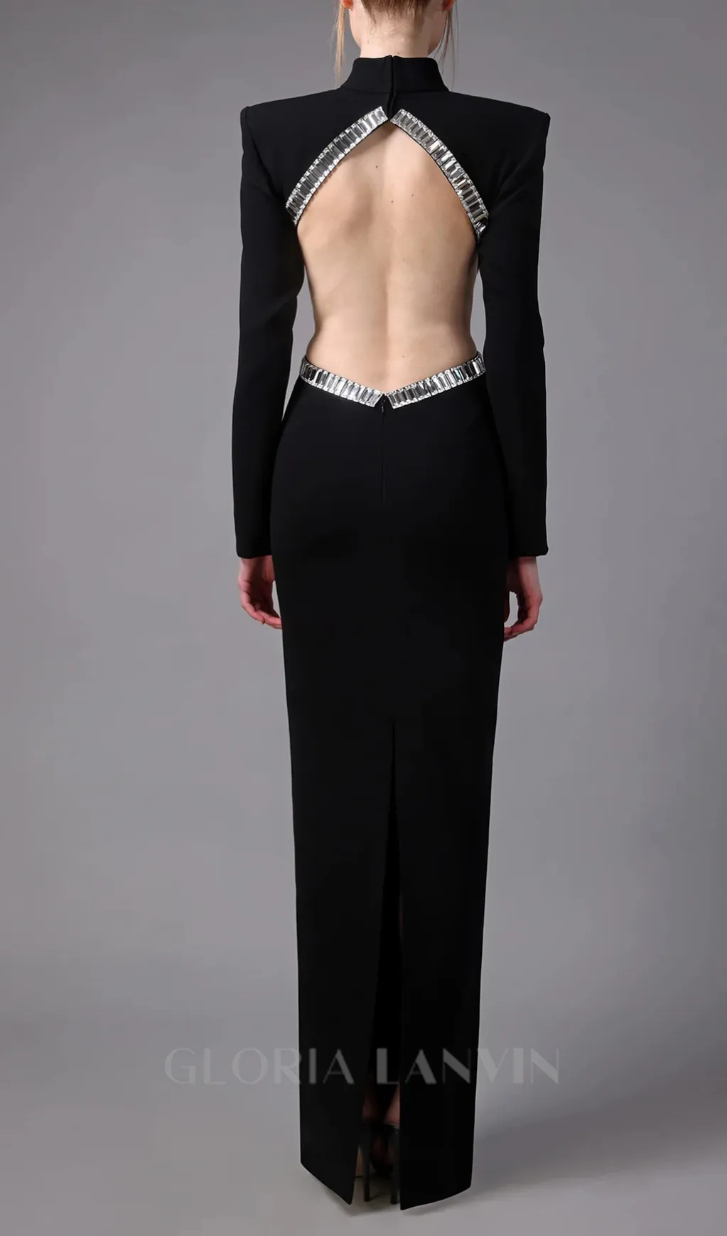 baguette crystals side cutouts embroidered Black crpe maxi dress Gloria Lanvin