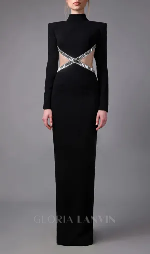 baguette crystals side cutouts embroidered Black crpe maxi dress Gloria Lanvin