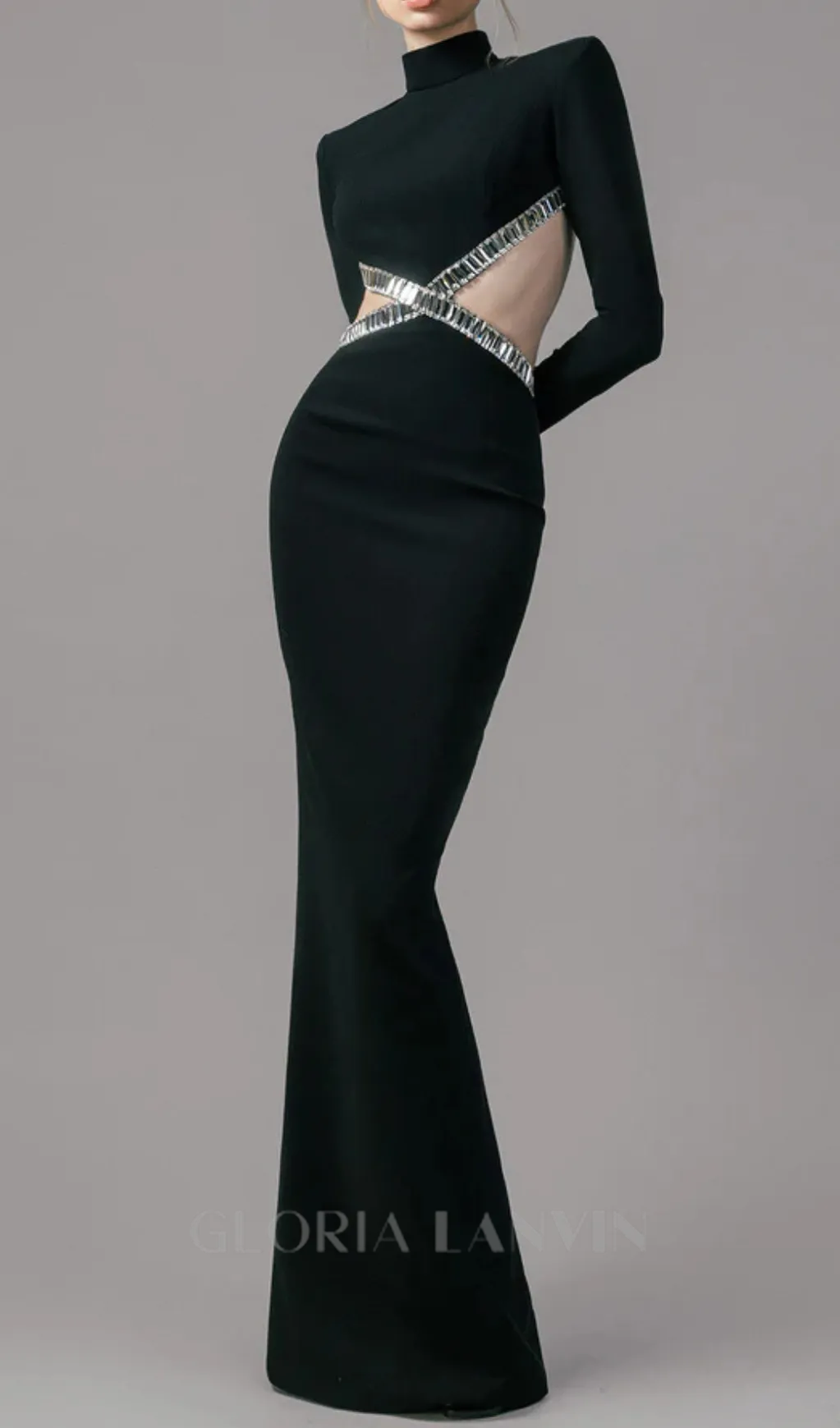 baguette crystals side cutouts embroidered Black crpe maxi dress Gloria Lanvin