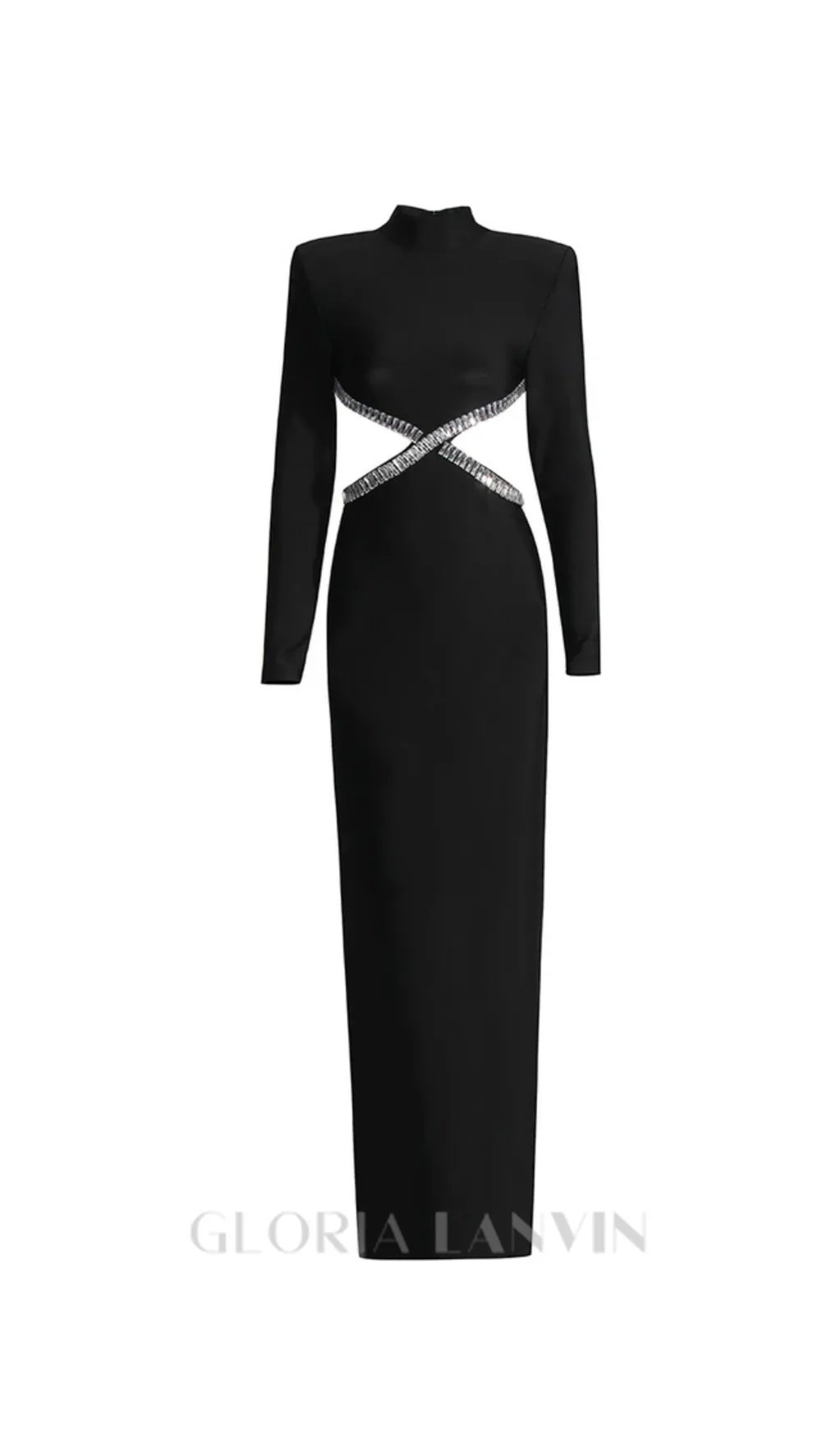 baguette crystals side cutouts embroidered Black crpe maxi dress Gloria Lanvin