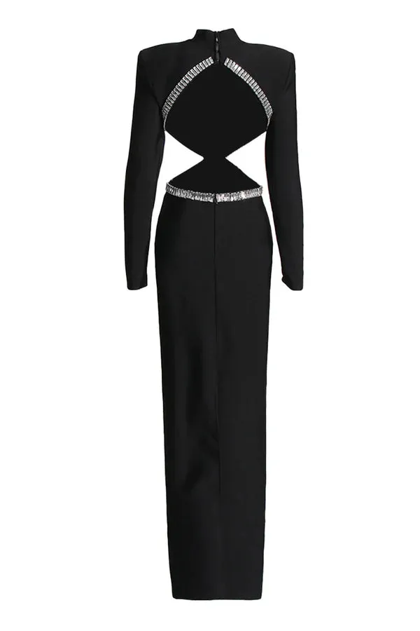 baguette crystals side cutouts embroidered Black crpe maxi dress Gloria Lanvin