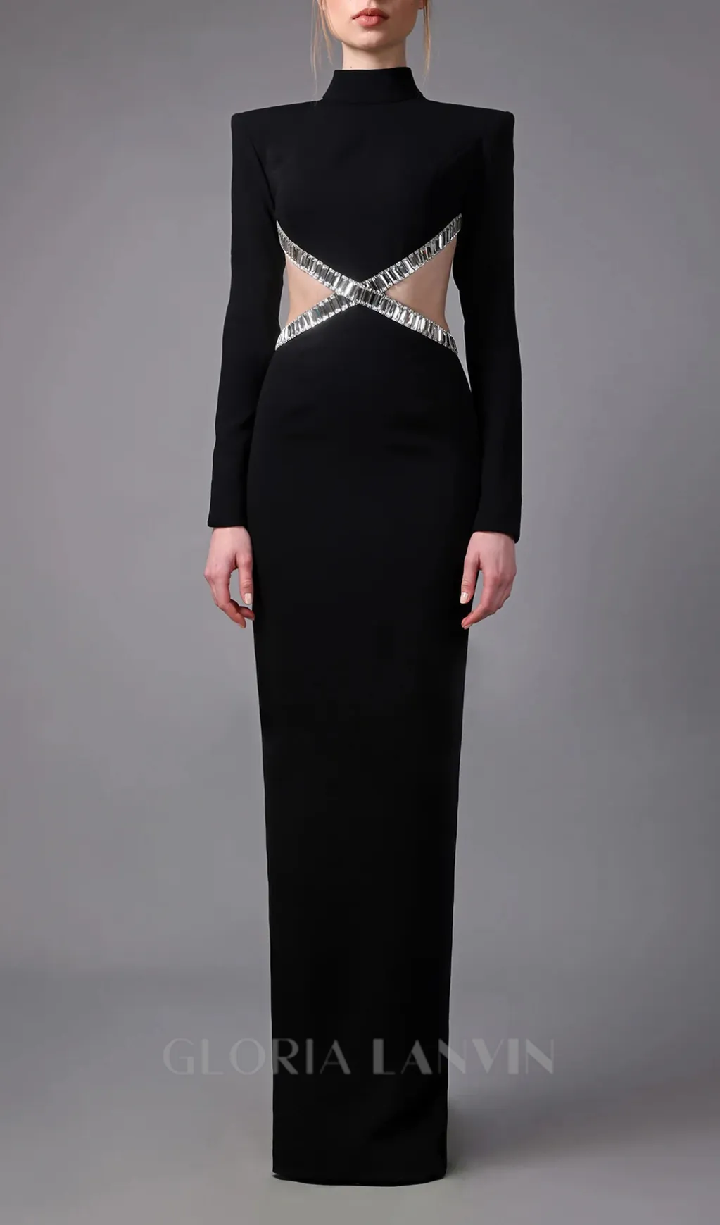 baguette crystals side cutouts embroidered Black crpe maxi dress Gloria Lanvin