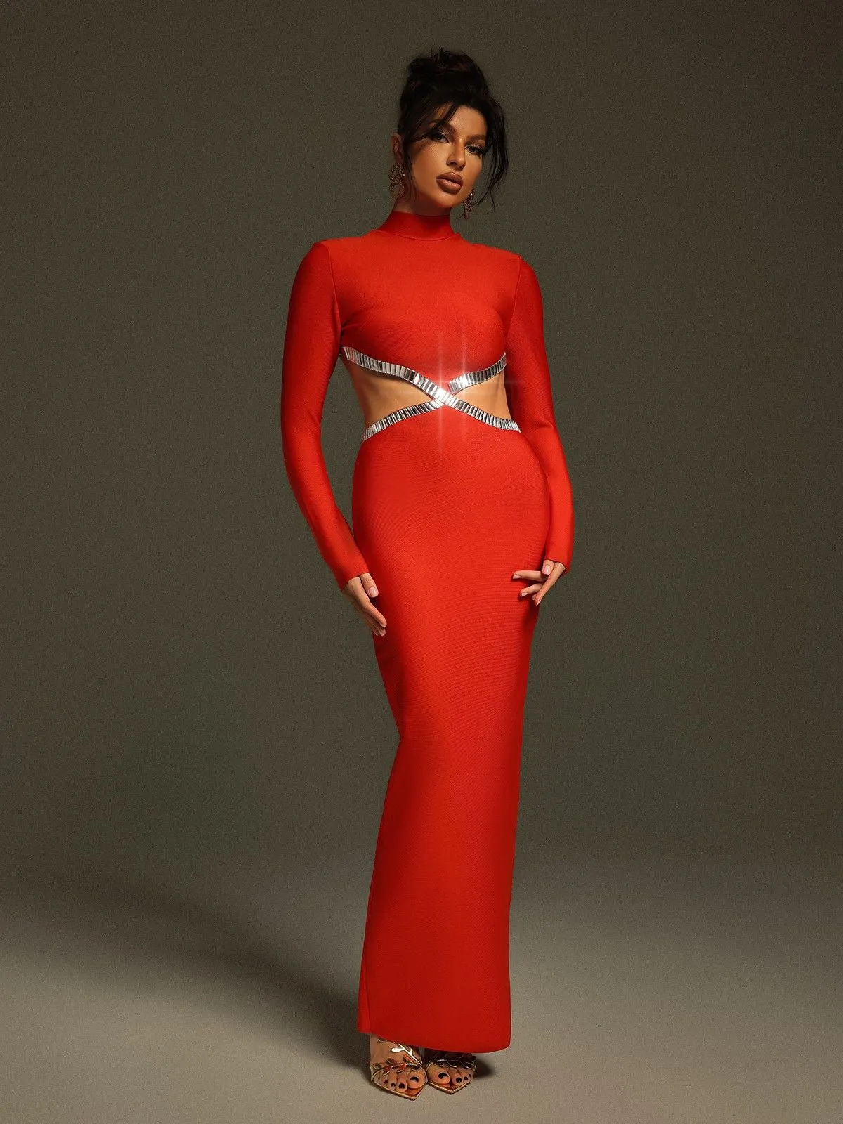 baguette crystals side cutouts embroidered Red crpe maxi dress Gloria Lanvin