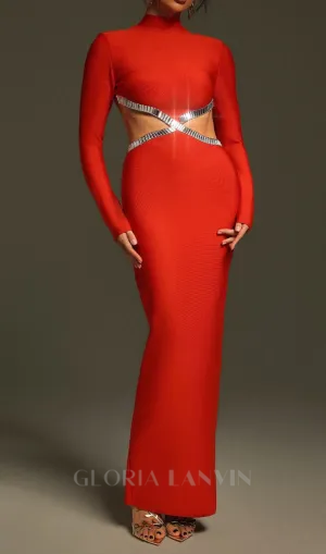 baguette crystals side cutouts embroidered Red crpe maxi dress Gloria Lanvin