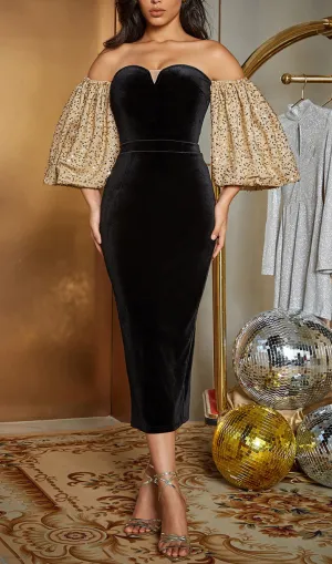 BANDEAU BACKLESS BALLOON SLEEVE SPLIT MIDI DRESS Gloria Lanvin