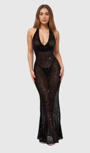BARBARA HALTER SEQUIN MAXI DRESS IN BLACK Gloria Lanvin