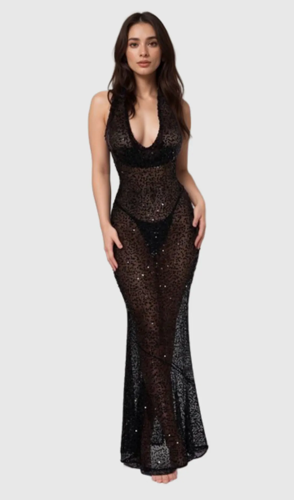 BARBARA HALTER SEQUIN MAXI DRESS IN BLACK Gloria Lanvin