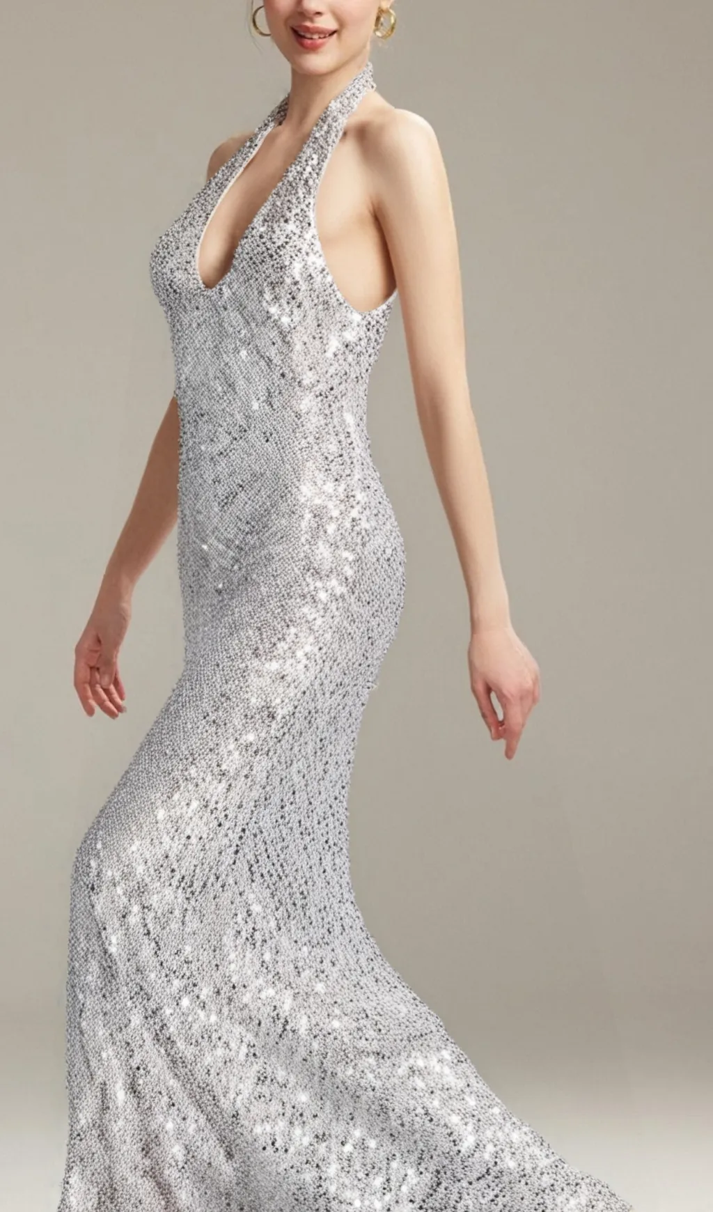 BARBARA HALTER SEQUIN MAXI DRESS IN SILVER Gloria Lanvin